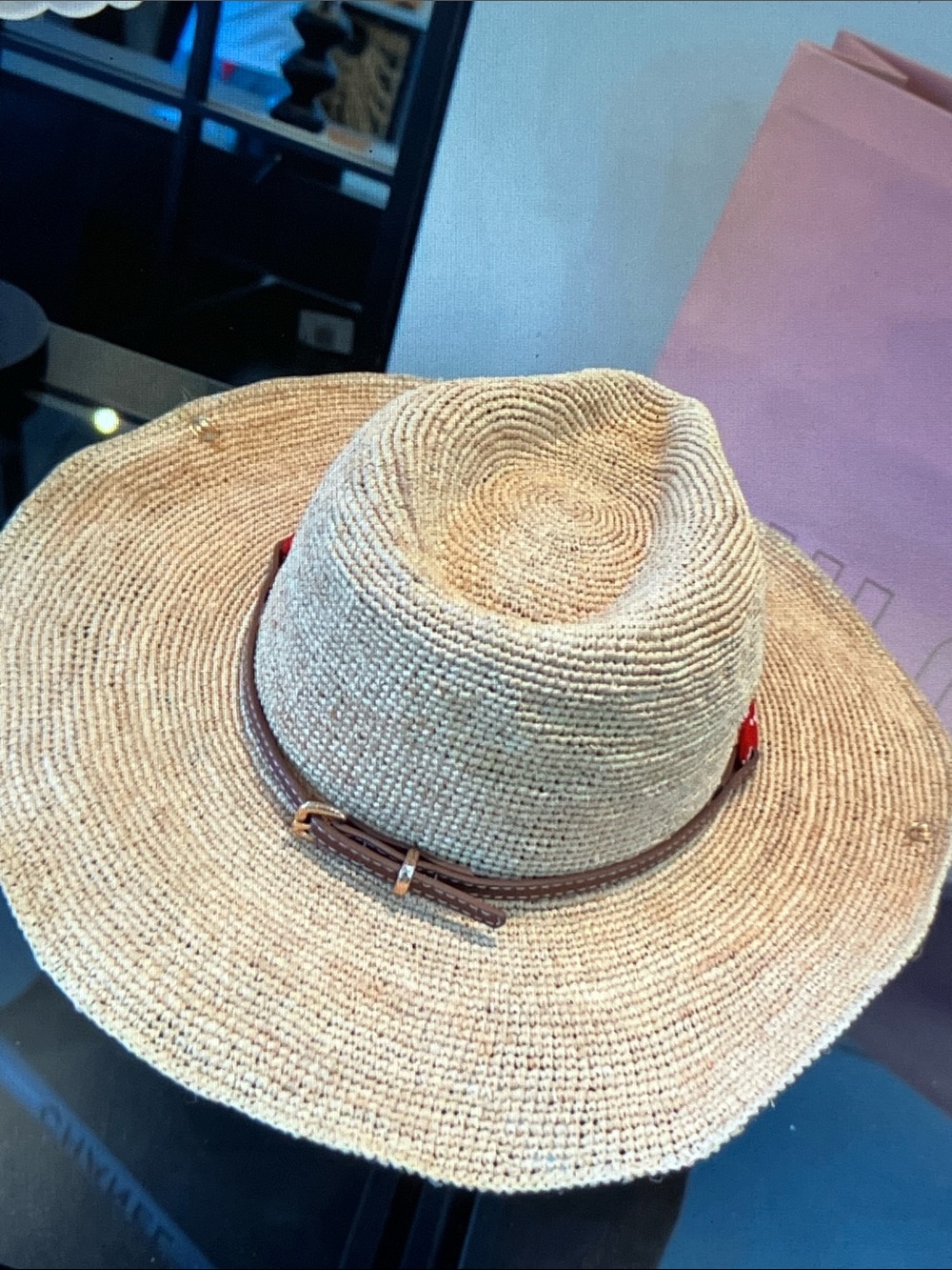 Miu Miu Raffia Cowboy Straw Hat Red Rope Band Embroidered Logo Sun Hat - Picture 7 of 7